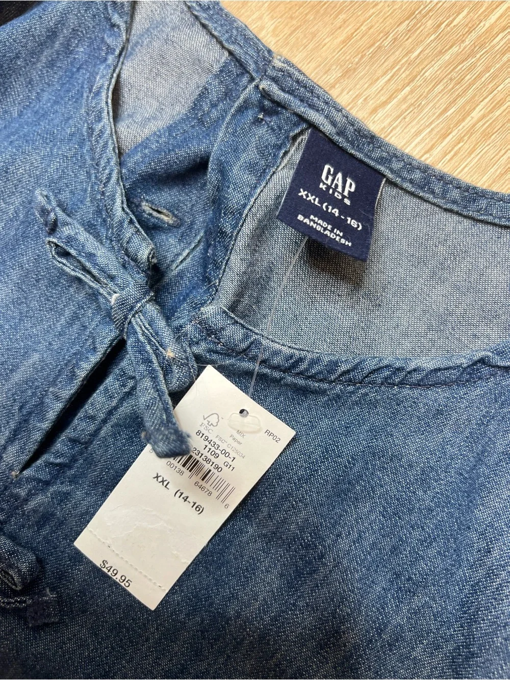 GAP Kids Denim Puff-Sleeve Bow Dress in Medium Wash, Girls XXL 14-16